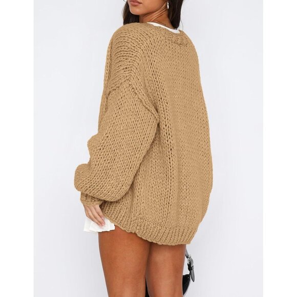 Womens Trendy Cardigan Sweaters Khaki Long Sleeve Chunky Knit Outfits - Picture 2 of 8